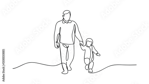 Father and Son Walking, Single Line Art, Minimalist Illustration, Family Bond, Simple Drawing, Black