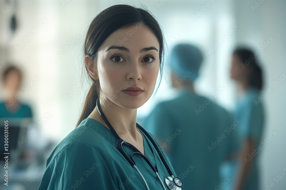 Fototapeta premium Confident female doctor in scrubs with stethoscope, looking at camera in hospital setting.