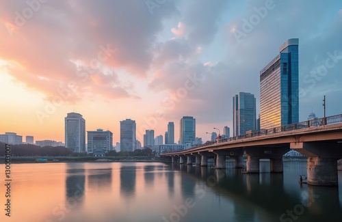 Wallpaper Mural Sunrise cityscape of Yeouido district and Han River in Seoul. The buildings are reflecting in water. Bridge over river with skyline. Early morning sky colors. Urban landscape. Torontodigital.ca