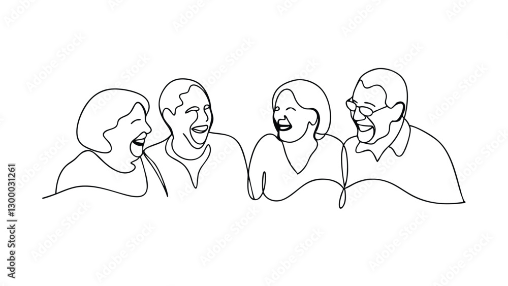 Happy Senior Friends Laughing Together, Oneline Drawing, Joyful Retirement Happy Senior Friends Laughing Together, Oneline Drawing, Joyful Retirement