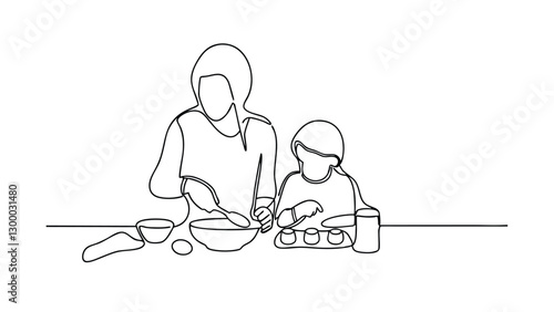 Mother and Child Baking Cookies A Continuous Line Art Illustration