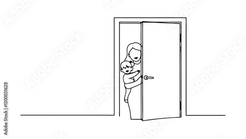 Mother and Child Entering Home Through Open Door