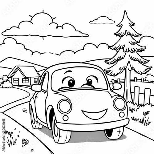 Cute Cartoon Car Smiling Face Cozy Cottage Pine Tree Grassy Landscape Black and White Drawing
