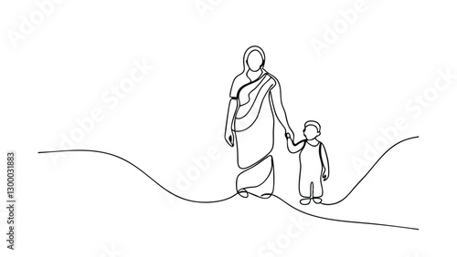 Singleline drawing Mother, child, India, saree, landscape, walk, bond, family, affection, togetherness