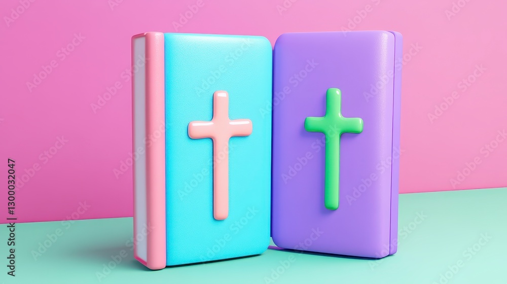 Fototapeta premium Pastel Books with Cross Design on Vibrant Background