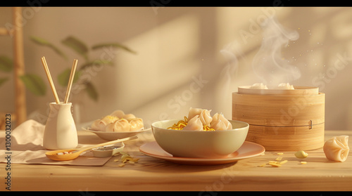 Wallpaper Mural Chinese fast-food scene, wooden dining table with a bowl of steaming hot wonton soup, stir-fried rice noodles, bamboo steamer basket holding fluffy baozi, a ceramic bowl of congee Torontodigital.ca