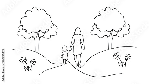 Mother Child Nature Walk Line Art Simple Minimalist Design