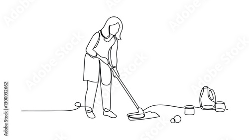Cleaning Lady Mopping Floor, Single Line Art, Home Cleaning