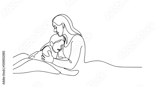 A continuous line drawing depicts a mother gently embracing her child, conveying love, comfort, and security. The simple lines create a powerful image of maternal affection and protection.