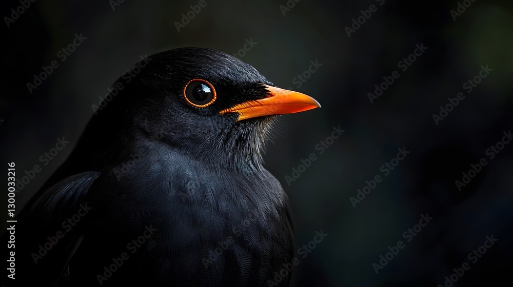 Fototapeta premium Close-up of a Blackbird Perched in Dark Shadows with Striking Orange Beak and Intense Eye Detail