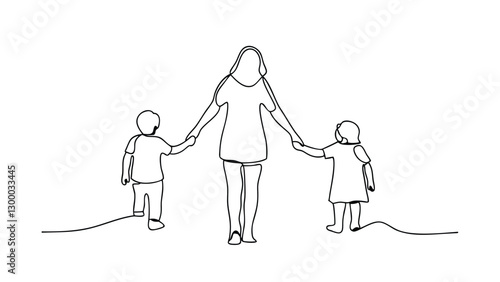 Mother Walking With Children OneLine Art, Family, Love, Happiness, Kids, Bond, Care, Simplicity, Tog