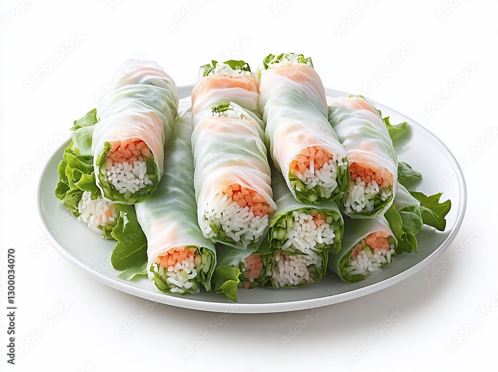 Fresh salmon rice paper rolls on a white plate, garnished with lettuce. Fresh salmon rice paper rolls on a white plate, garnished with lettuce.