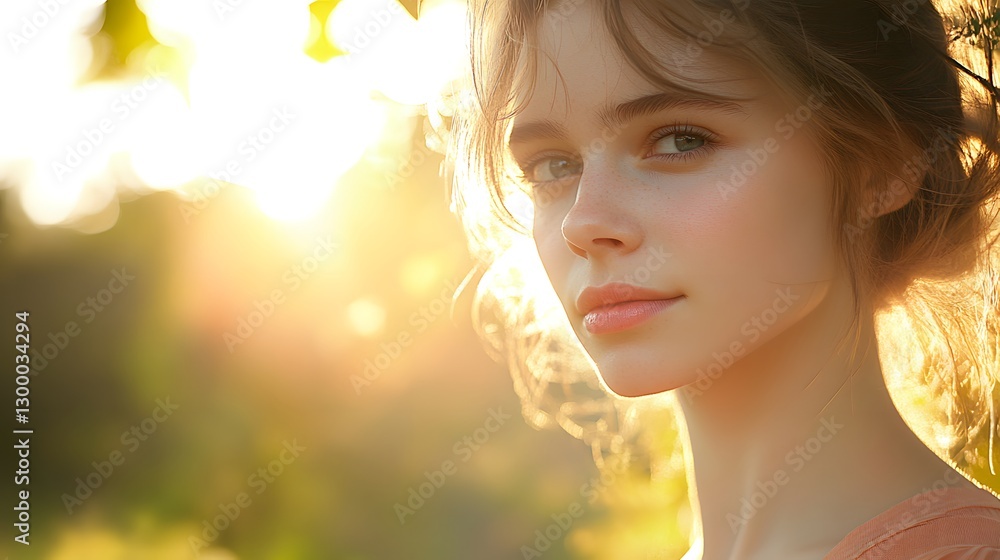 Fototapeta premium Close-Up Portrait of a Young Woman Bathed in Sunlight with a Soft Smile and Natural Background