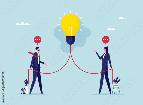 Brainstorm and come up with solution concept, communicate idea in business, businessman and woman coworker talking speech bubble with lightbulb idea