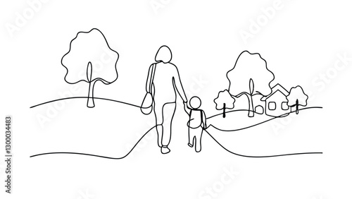 Oneline drawing of parent and child walking outdoors