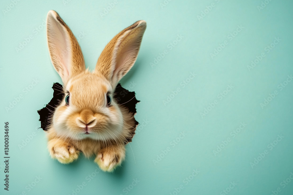Obraz premium rabbit is peeking out from a hole in a wall. The rabbit is looking at the camera with a curious expression. The scene is playful and whimsical