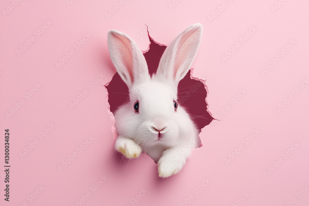white rabbit is peeking out of a hole in a pink background. The rabbit is curious and playful, as it looks out of the hole and looks back at the viewer. The pink background adds a sense of whimsy white rabbit is peeking out of a hole in a pink background. The rabbit is curious and playful, as it looks out of the hole and looks back at the viewer. The pink background adds a sense of whimsy