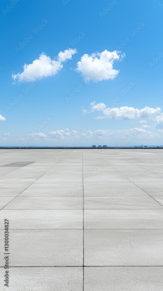 Vast Concrete Surface Under Blue Sky with Distant Cityscape Vast Concrete Surface Under Blue Sky with Distant Cityscape