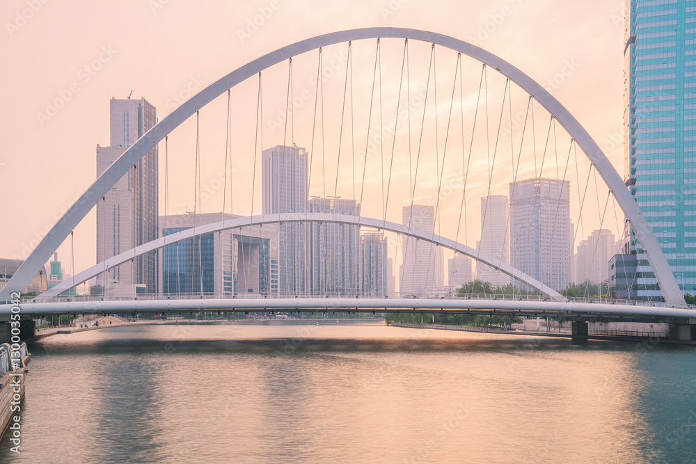 Naklejka premium The urban architectural skyline, modern bridges, and Haihe River scenery of Tianjin, China on August 11, 2024