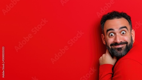 Happy Man with Funny Expression on Red Background with Copy Space