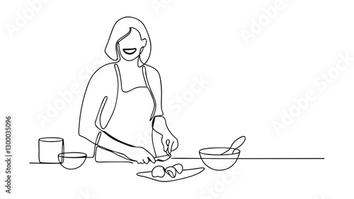 A singleline drawing depicts a smiling woman in an apron, happily preparing food in her kitchen. She is chopping ingredients, bowls and utensils are nearby.