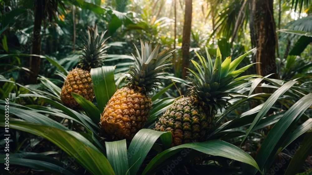 Three ripe pineapples surrounded by lush green foliage in a tropical forest. Three ripe pineapples surrounded by lush green foliage in a tropical forest.