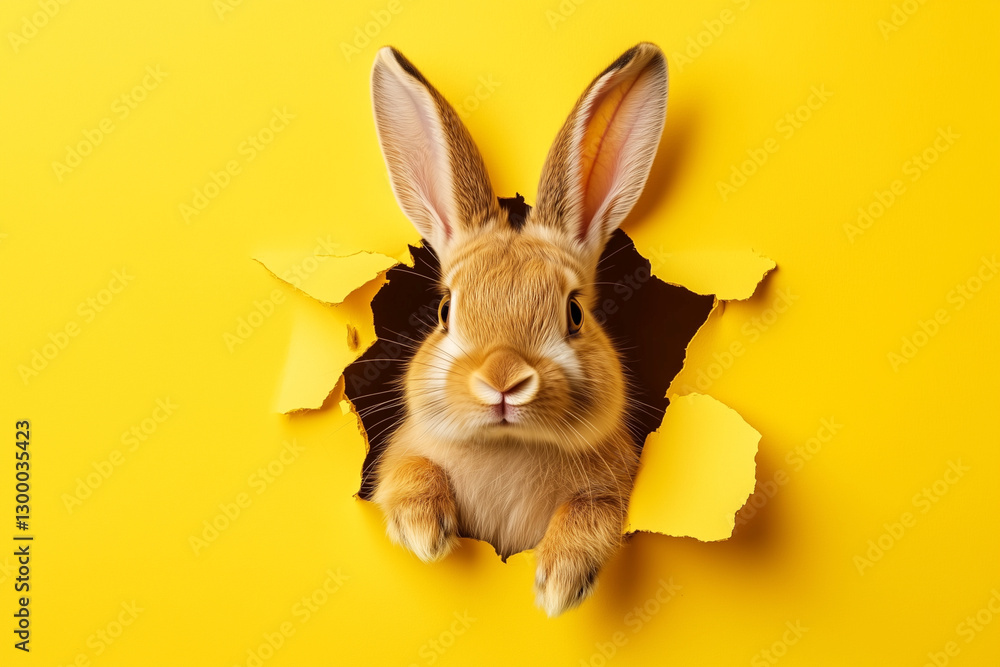rabbit is peeking out of a hole in a yellow background. The rabbit is looking at the camera, and the hole is partially covered by a piece of paper. The image has a playful and curious mood rabbit is peeking out of a hole in a yellow background. The rabbit is looking at the camera, and the hole is partially covered by a piece of paper. The image has a playful and curious mood