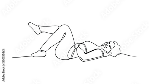 Singleline drawing of a person lying comfortably on the ground, exuding relaxation and peace. Minimalist style, showcasing contentment and rest.