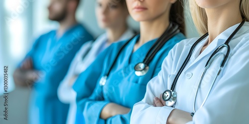 Confident Healthcare Professionals in Scrubs Standing Together with Stethoscopes in a Medical Environment