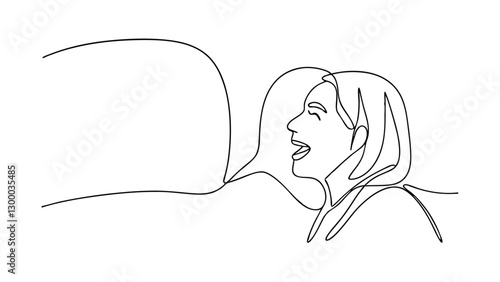 A continuous line drawing depicts a womans profile, mouth open in speech, alongside a large empty speech bubble, suggesting communication or dialogue. The style is minimalist and expressive.