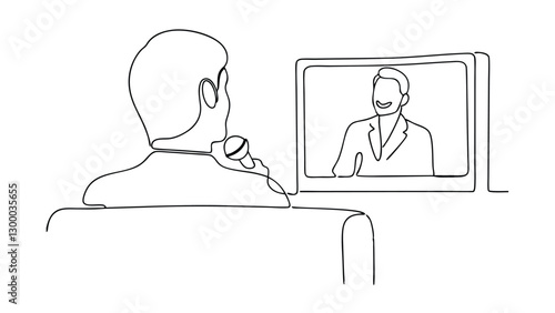 Man Watches News Broadcast on Television, Oneline Drawing