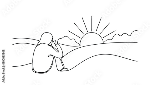 Singleline drawing depicts a woman sitting, contemplating a sunrise over a landscape with a bridge. Peaceful scene evokes feelings of hope and tranquility. Minimalist art style.