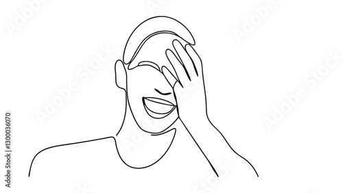 Embarrassed Man, Single Line Drawing, Hand on Face, Nervous Laughter, Shy Expression, Simple Sketch,