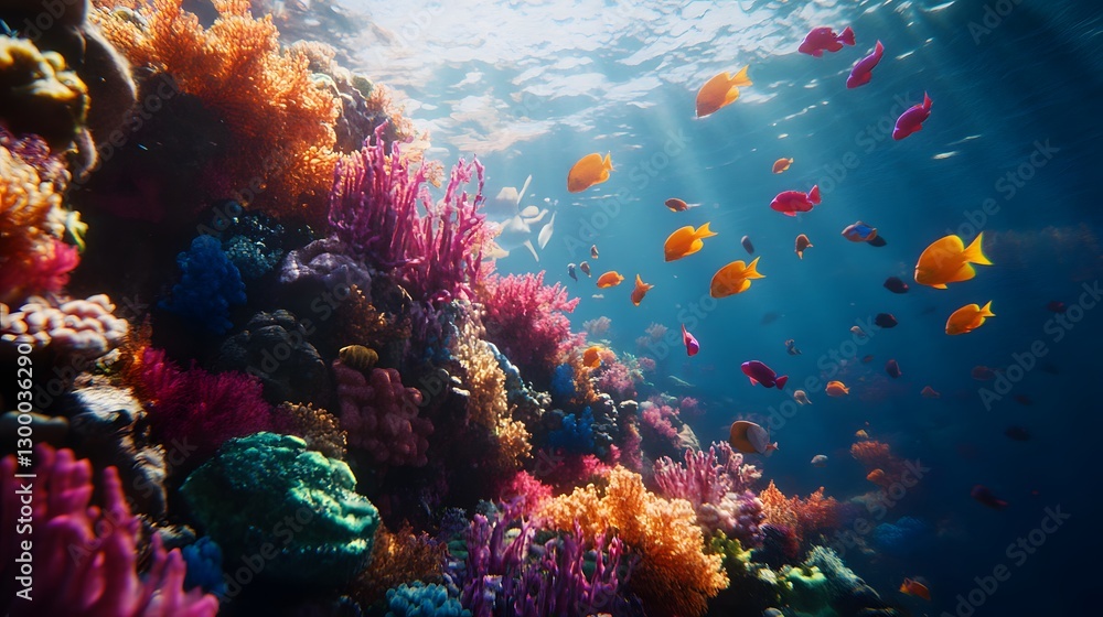Naklejka premium Vibrant Underwater Coral Reef Scene with Tropical Fish Captured in Stunning Ultra HD Realism