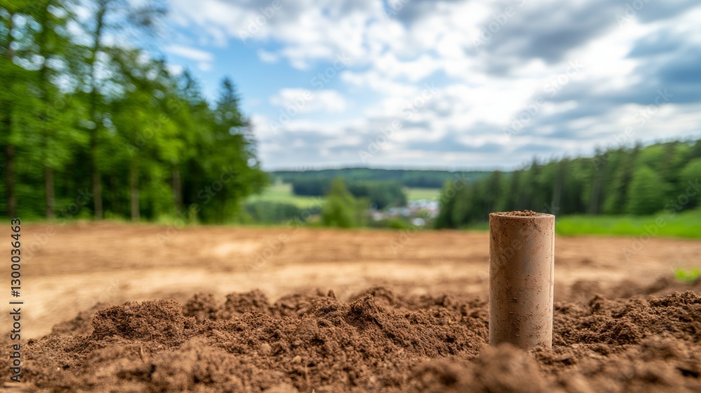 A single pipe is partially buried in soil, with earth surrounding it, suggesting its use for irrigation or drainage in a lush outdoor environment A single pipe is partially buried in soil, with earth surrounding it, suggesting its use for irrigation or drainage in a lush outdoor environment