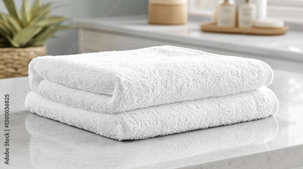 A crisp white towel laid flat on a bathroom countertop, with soft light coming from the side, offering clear space around it for text and creative design. A crisp white towel laid flat on a bathroom countertop, with soft light coming from the side, offering clear space around it for text and creative design.