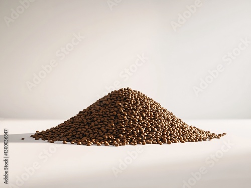 A conical pile of small, dark brown granules sits on a white surface, illuminated by soft light.