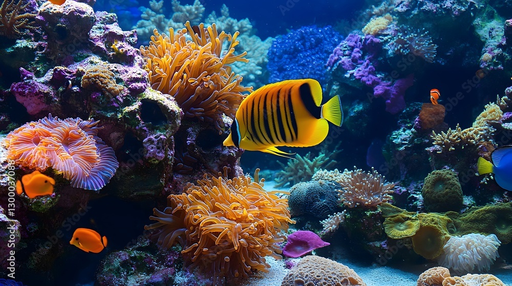 Naklejka premium Colorful Fish Swimming Among Vibrant Coral Reefs in a Lively Aquarium Setting
