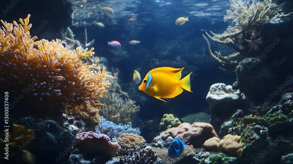 Naklejka premium Vibrant Coral Reef Scene with Yellow Tang Fish Swimming Among Colorful Coral and Marine Life
