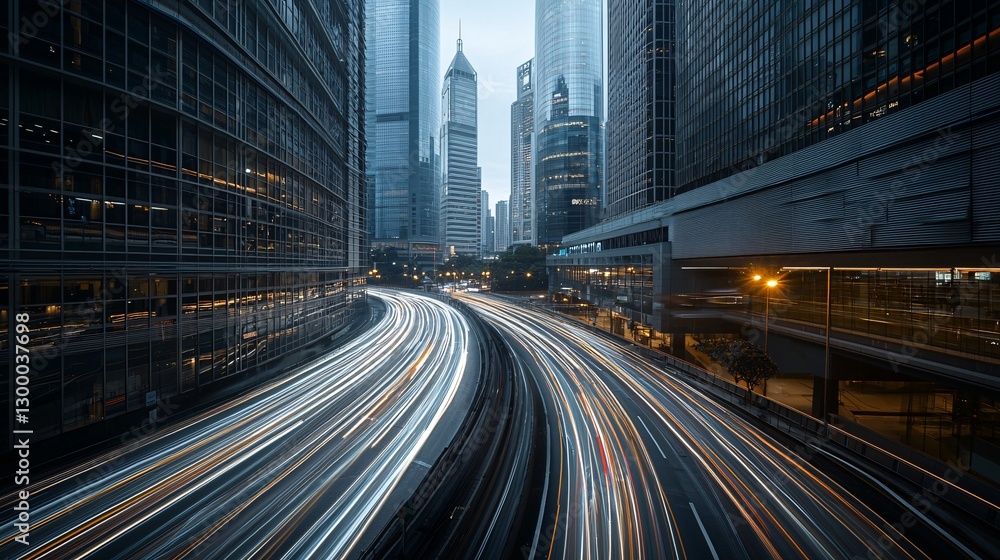 Naklejka premium A stunning time-lapse fusion of a bustling city skyline transitioning from sunset to night, skyscrapers illuminated, car light trails weaving through the streets, a sense of motion and