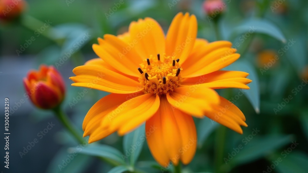 A vibrant orange flower with delicate petals and a detailed center, surrounded by green foliage and a budding flower in the background. A vibrant orange flower with delicate petals and a detailed center, surrounded by green foliage and a budding flower in the background.