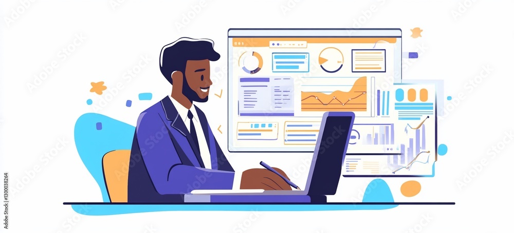 Fototapeta premium Businessman analyzing data on laptop and large screen.