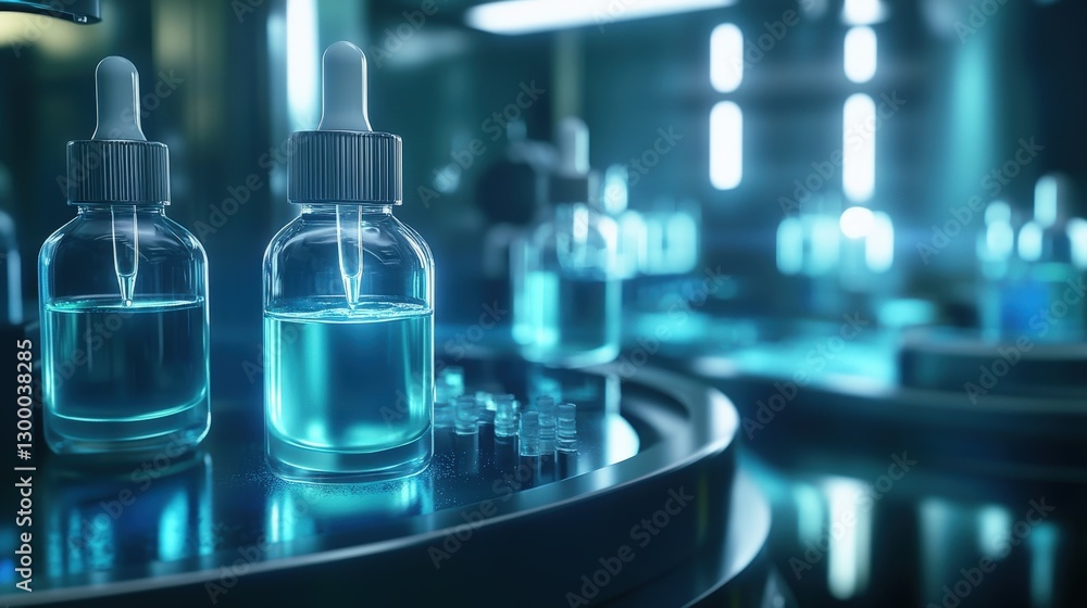 Glass Dropper Bottles Filled With Teal Liquid In A Lab Glass Dropper Bottles Filled With Teal Liquid In A Lab