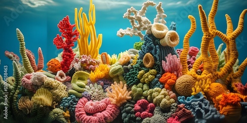 Fototapeta Naklejka Na Ścianę i Meble -  Realistic Crocheted Coral Reef Underwater Scene with Vibrant Colors and Details