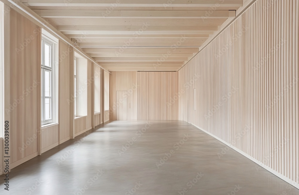 Fototapeta premium Modern minimalist empty room with wood paneling and large windows, concrete floor.