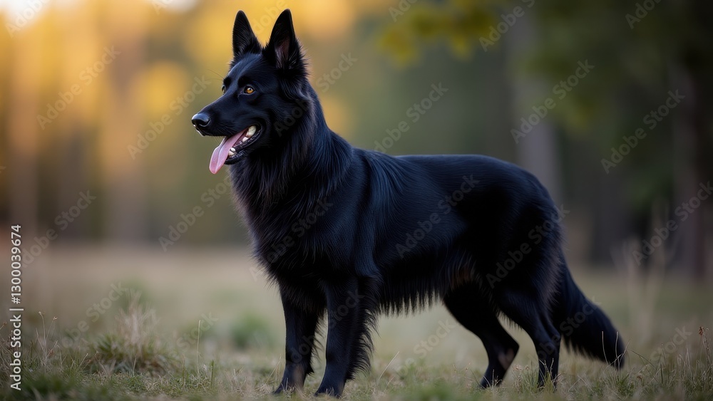 An all black shepherd dog stands alert in a grassy field with a blurred forest background An all black shepherd dog stands alert in a grassy field with a blurred forest background