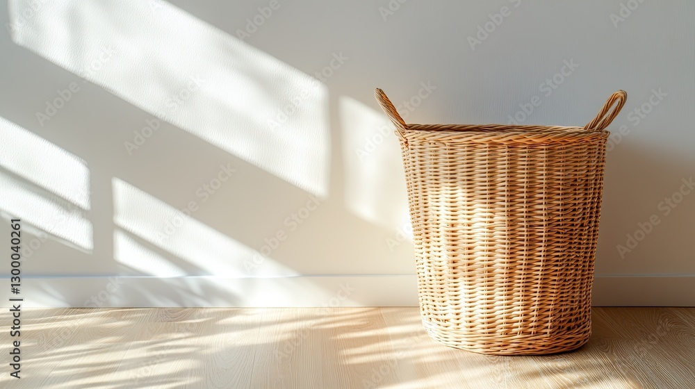 Fototapeta premium A simple, rectangular laundry basket placed on a light hardwood floor, with soft light casting shadows and ample space for design or text.