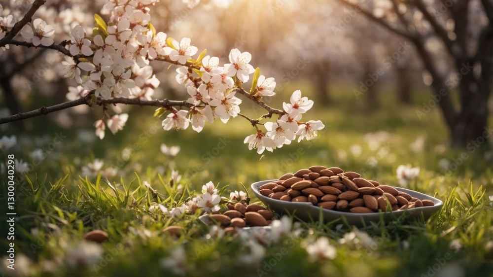 Naklejka premium Almonds on a plate surrounded by blooming flowers in a serene orchard setting.
