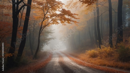 A serene autumn pathway shrouded in mist and surrounded by colorful foliage.