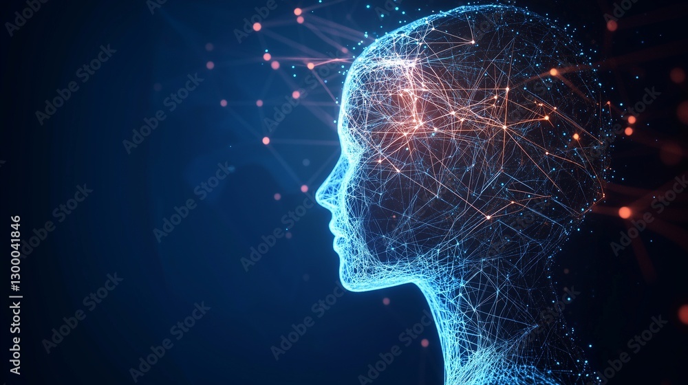A futuristic digital profile of artificial intelligence, illustrating a glowing neural network within a human head. A concept of AI, machine learning, and technological progress. Generative AI. A futuristic digital profile of artificial intelligence, illustrating a glowing neural network within a human head. A concept of AI, machine learning, and technological progress. Generative AI.